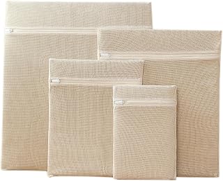 4-Piece 100% Cotton Mesh Laundry Bags, Premium Soft No-Dye Natural Delicate Bags with Sturdy Zippers, Breathable for Underwear, Socks, Clothes & Pants