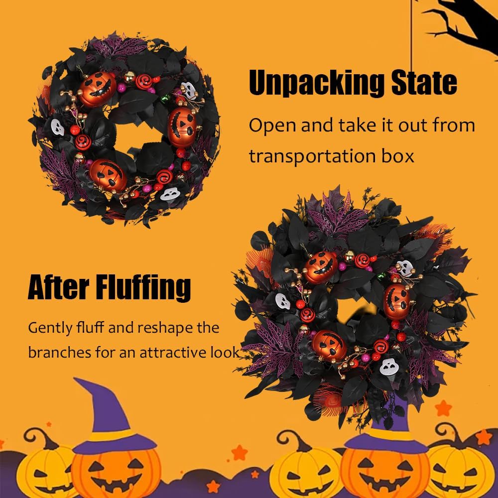 24" Glitter Halloween Wreath for Front Door - Sparkly Balls, Skulls, Bat, Skeleton, Pumpkin Fall Wreath for Outdoor Porch and Indoor Wall, Weather-Resistant and Easy-to-Hang