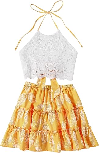 LYANER Conjunto de 2 piezas para mujer, conjunto de blusa corta con encaje halter y minifalda floral