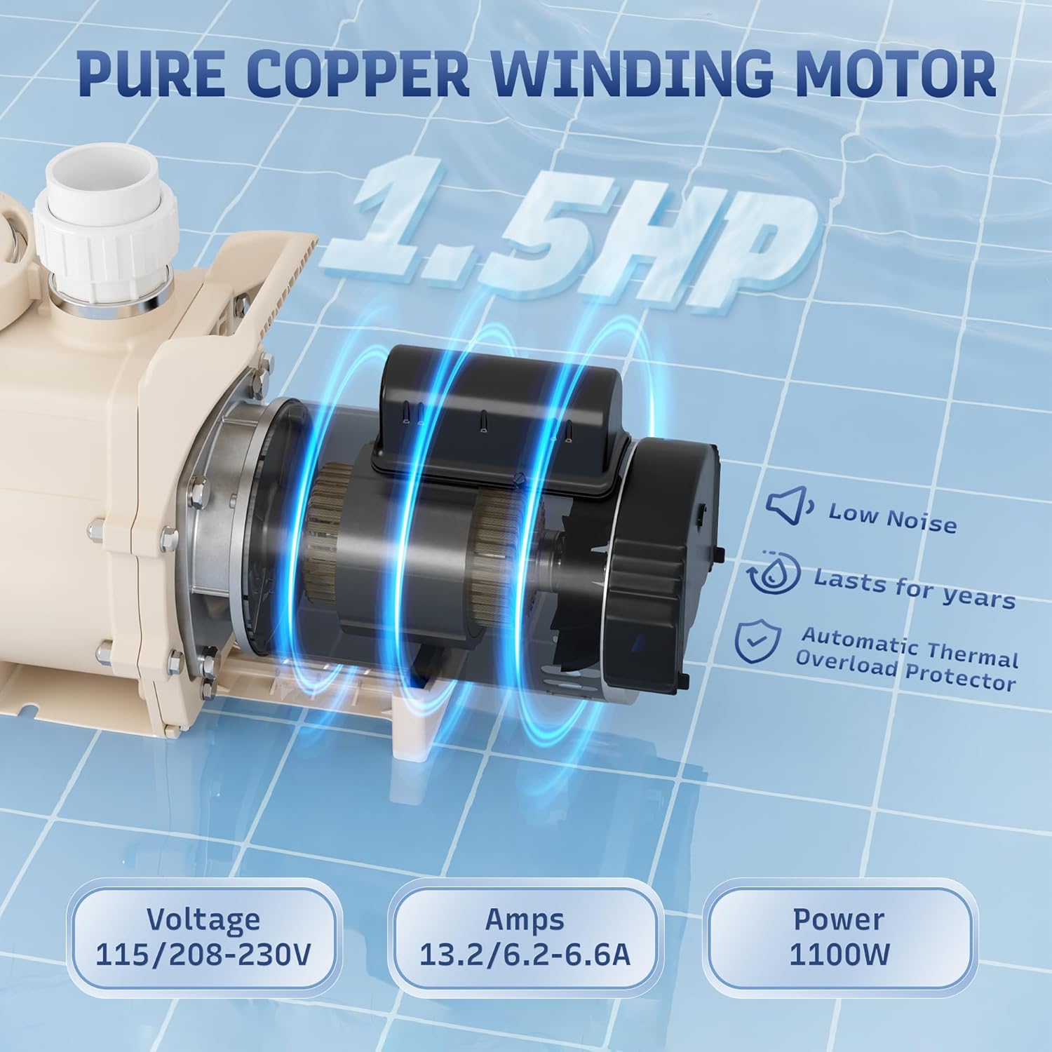 1.5 HP Pool Pump, 6815 GPH High Flow Self Primming Pool Pump Inground, 115V/230V, Low Noise Swimming Pool Pump In/Above Ground with Filter Basket and 2"/1.5" Fittings