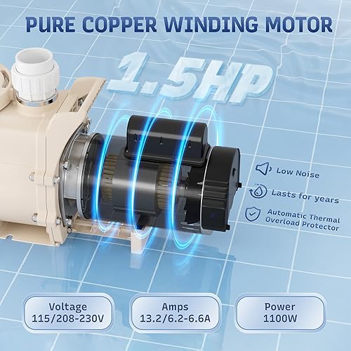 Miniatura 4 de Bomba de piscina de 1.5 HP, bomba de piscina autorecortable de alto flujo de 6815 GPH en tierra, 115 V230 V, bomba de piscina de bajo ruido