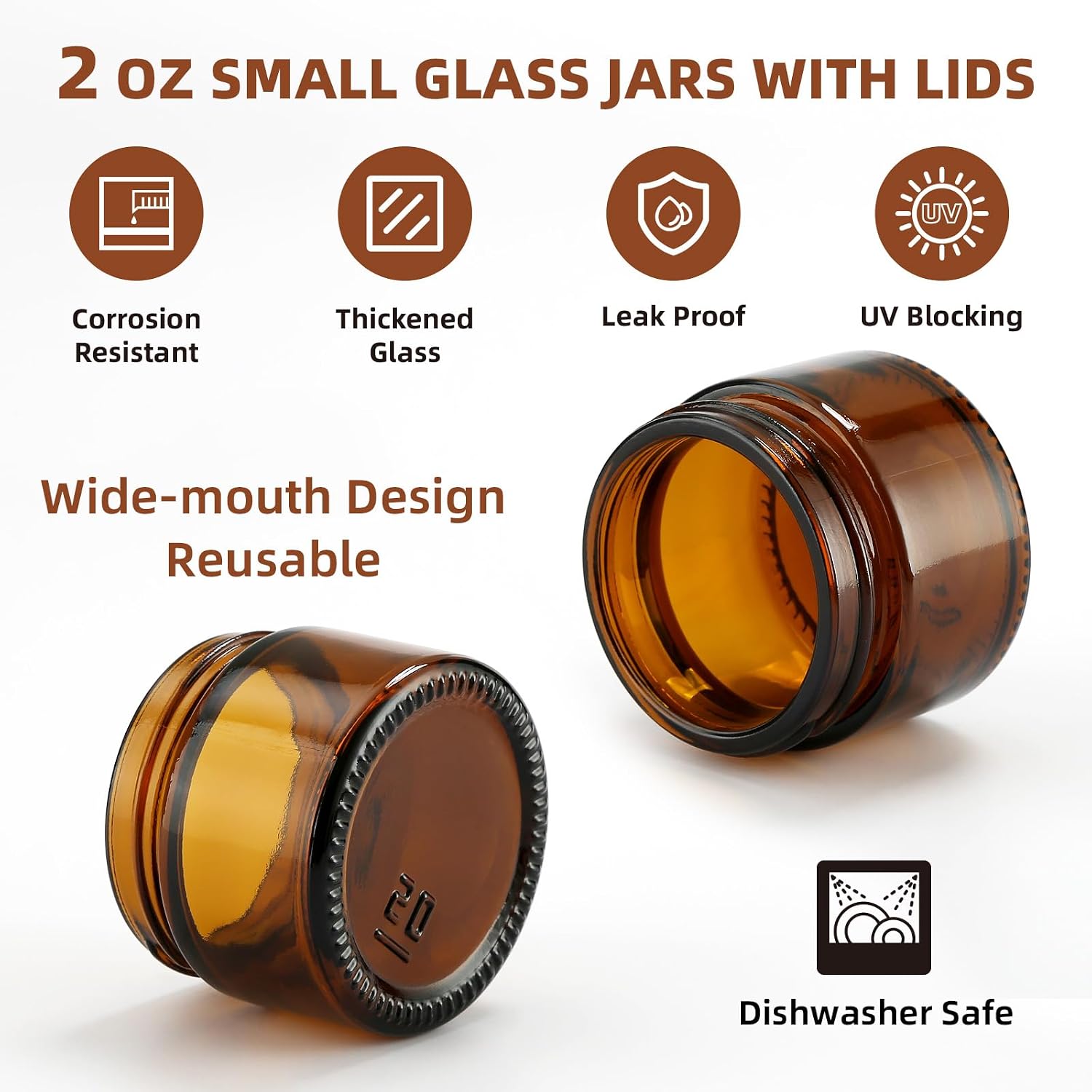 12 Pcs 2 oz Amber Glass Jars with Lids, Round Glass Containers with Inner Liners, Airtight Leakproof, UV-Protective for Lotion, Powder, Ointment, Candle Making Storage image 3