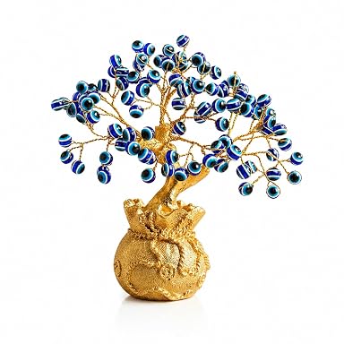 SPHINX Chakra Crystal Money Tree Bonsai with Golden Potli (Wealth Bag) Base – Healing Gemstone Tree for Wealth, Prosperity Positive Energy Feng Shui Good Luck Decor Gift (7x3 Inch)- (Evil Eye)