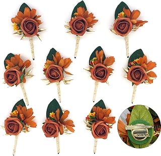 of 10 Terracotta Boutonniere for Men for Wedding Groomsmen Guest Artificial Flowers Boutonniere for Wedding Ceremony Formal Dinner Party, Burnt Orange