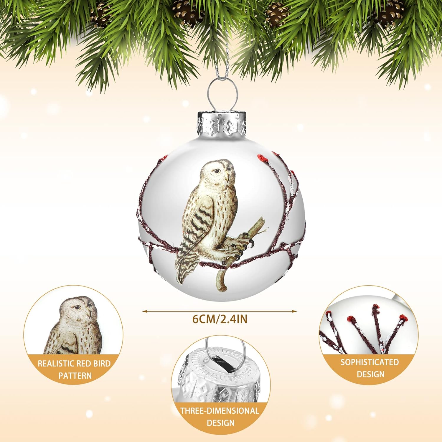 Hoolerry Set of 6 Christmas Owl Ornaments, Glass Ball Winter Tree Decorations, Owl Hanging Painting Baubles for Xmas Tree, Memorial Gift Decorations Holiday Glass Bird Ornaments - Image 2