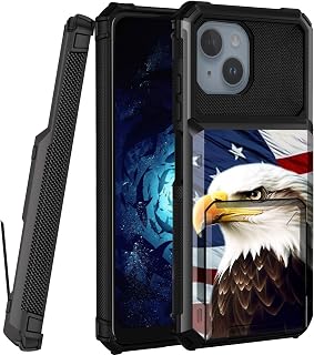 for iPhone 15 Case, 4-Card Credit Card Holder ID Slot Dual Layer Shockproof Soft Silicone Shell Case for iPhone 15,American Flag/Eagles