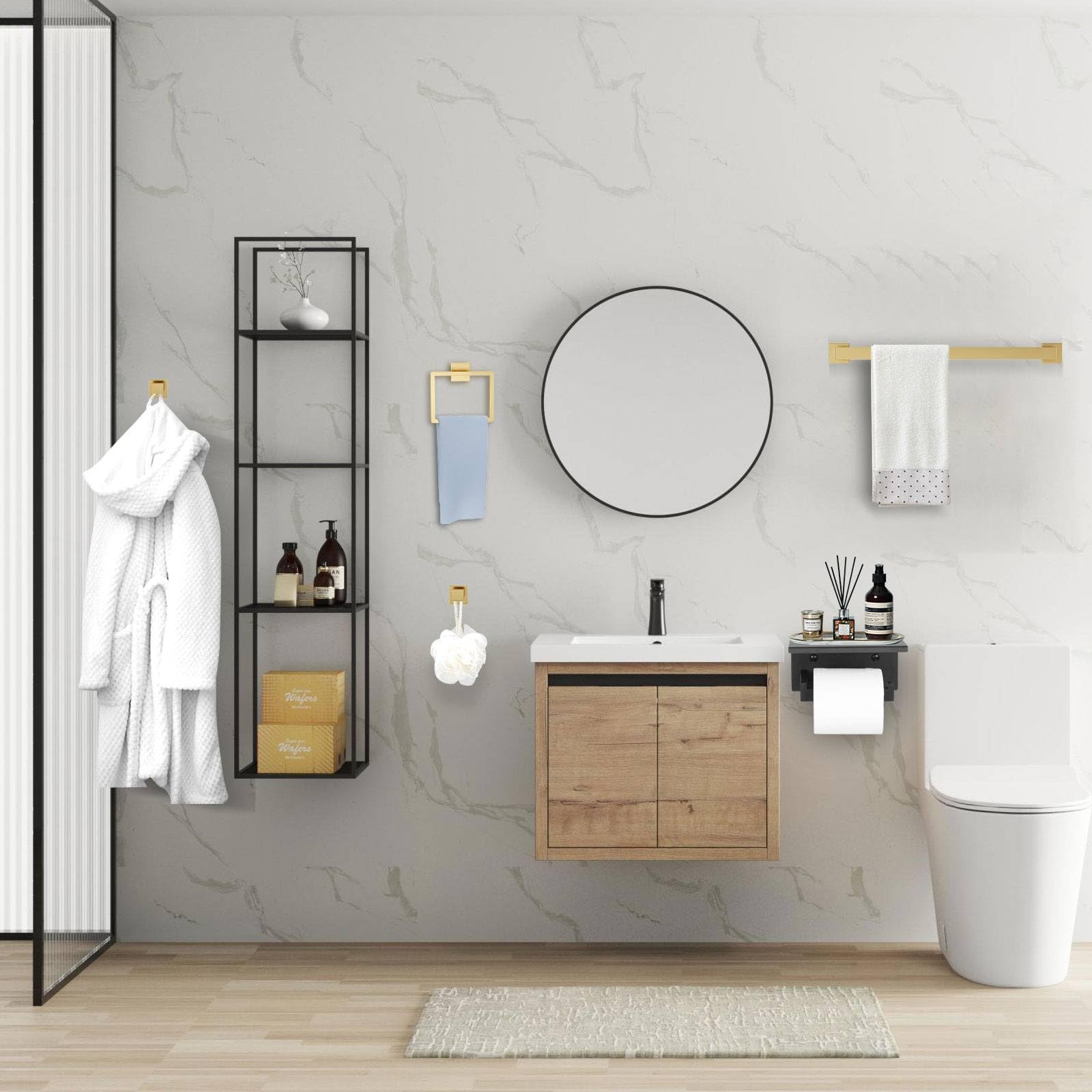 Juego de 5 toalleros de baño de Oro Cepillado, Soporte para Papel higiénico Mejorado con Estante, Acero Inoxidable para baño, Montaje en Pared de 23,6 Pulgadas.