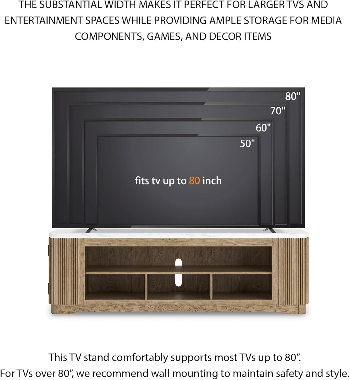Signature Design by Ashley Camdill Casual 80" TV Stand for TVs up to 92" with Adjustable Shelf and Cord Management, Light Brown & White