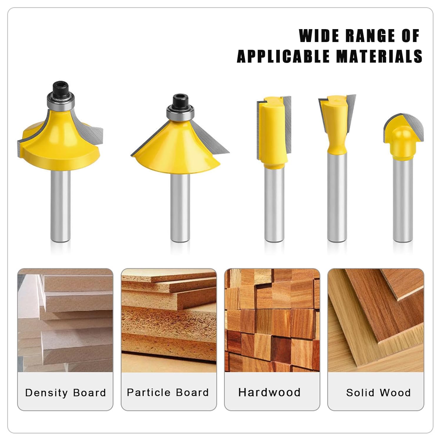 Router Bits Set 1/4" Inch Shank Tungsten Carbide Router Bits 15PCS T Shape Woodwork Tools for Commercial Users and Beginners (Yellow)