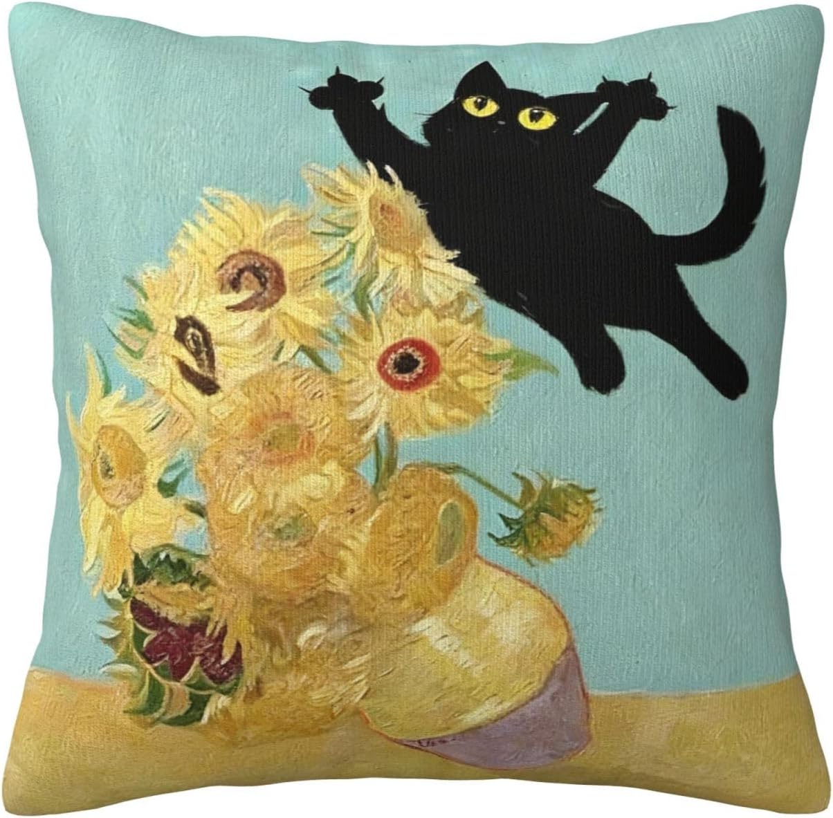 Funny Black Cat Art Sunflower Cat Print Throw Pillow Covers Aesthetic Square Pillowcase for Home Living Room Bedroom Office Sofa Car Decor Cushion Case 18x18 Inch