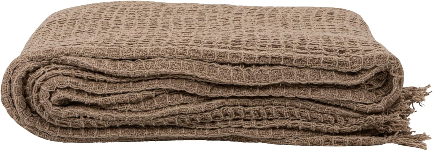 Creative Co-Op Cotton Waffle Weave Throw Blanket with Eyelash Fringe, Tan and Brown
