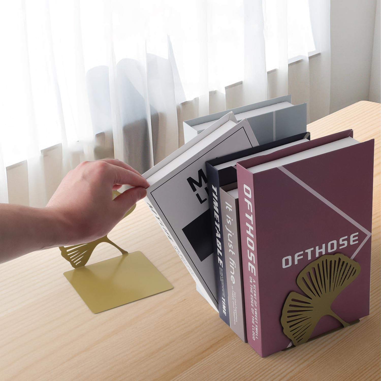 Fermalibri In Metallo A Forma Di Ginkgo - Set Di 2, 12.5x12.5x12.5 Cm, Con Base Antiscivolo - Foto 9