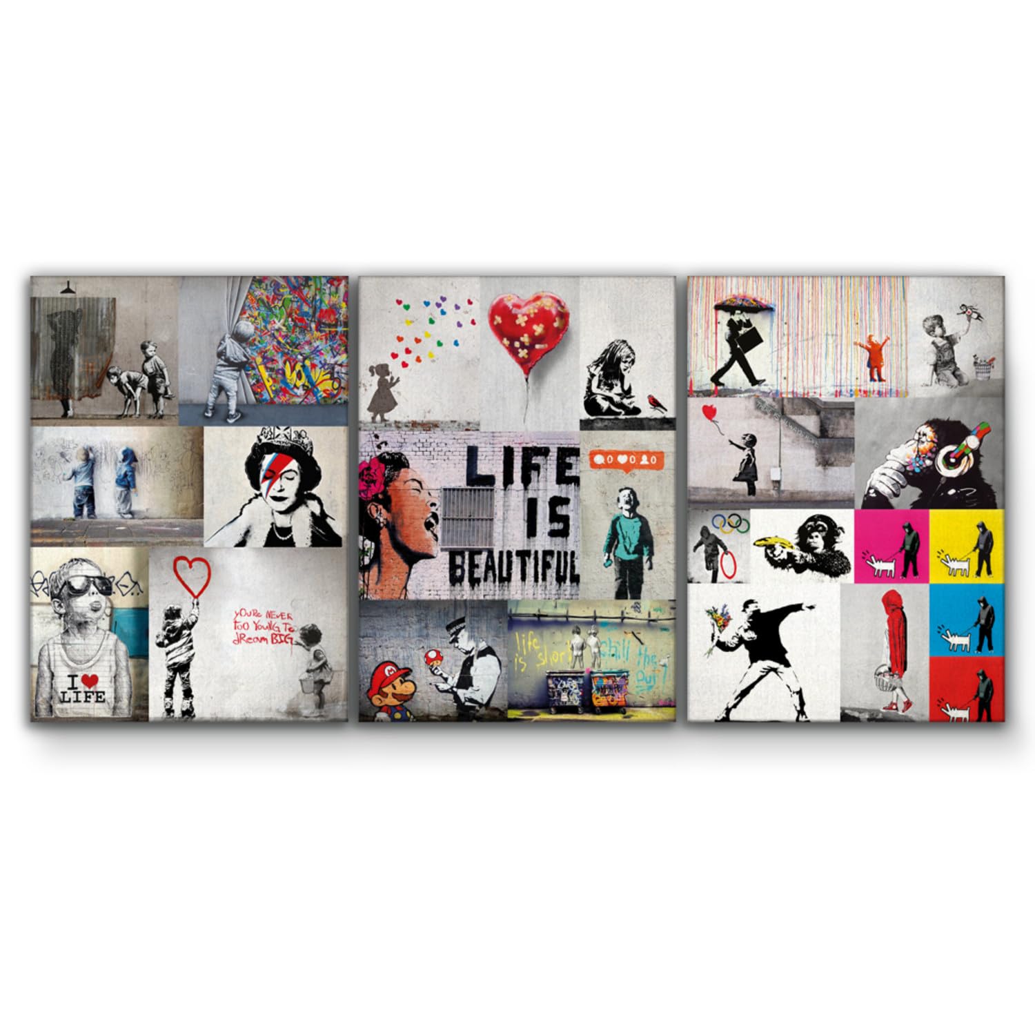 Giallobus - Quadri Grande Formato XXL - Banksy - Street Art - Collage 1 - Tela Canvas - 218x100cm | 3pcs. x 70x100cm - Pronto da Appendere - Quadri Moderni per la casa