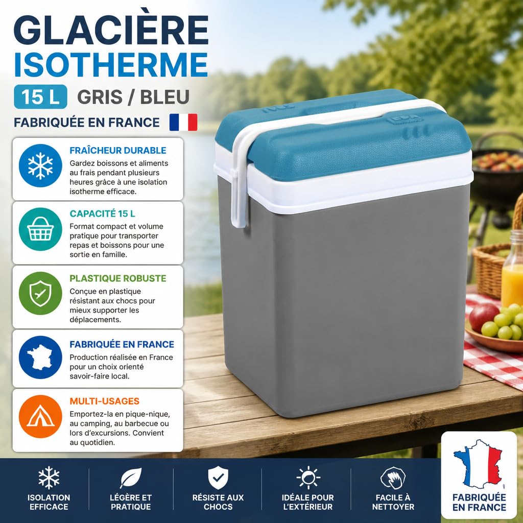 EDA Glacière Isotherme - Fabriqué en France - Grande Capacité - Plastique Résistant - Design Moderne - Idéale pour Pique‑Niques, Barbecues, Camping Et Utilisation Quotidienne