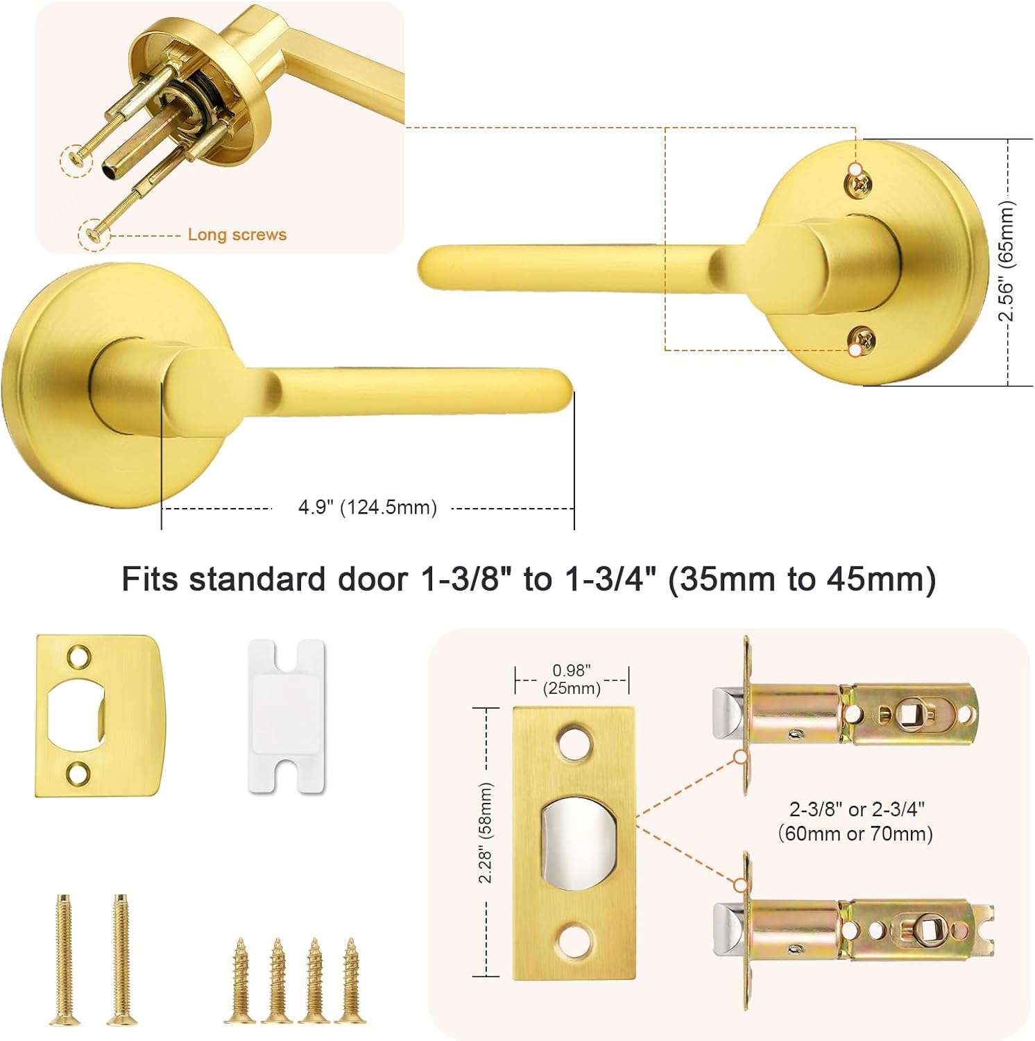 Probrico Interior Door Handle Brushed Gold Interior, Gold Passage Door Handle Lever Indoor Keyless Door Handle, Wave Style Reversible, 3 Pack