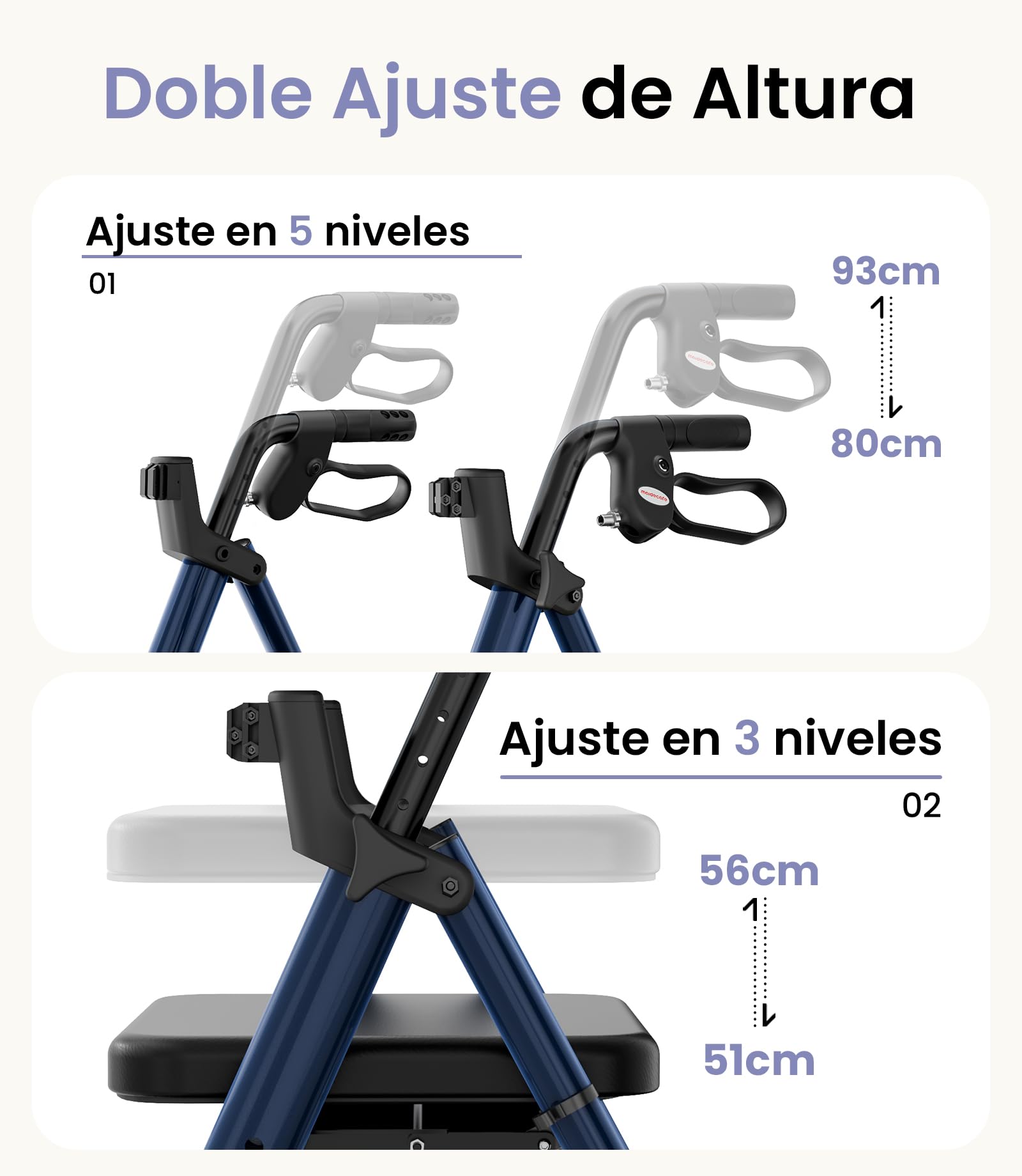 Andador para Ancianos con Asiento Plegable, Manillar y Asiento Regulables en Altura, Caminadores para Mayores, Ayuda para Caminar Ligera con Freno, Ruedas 8" Todoterreno, Azul Zafiro
