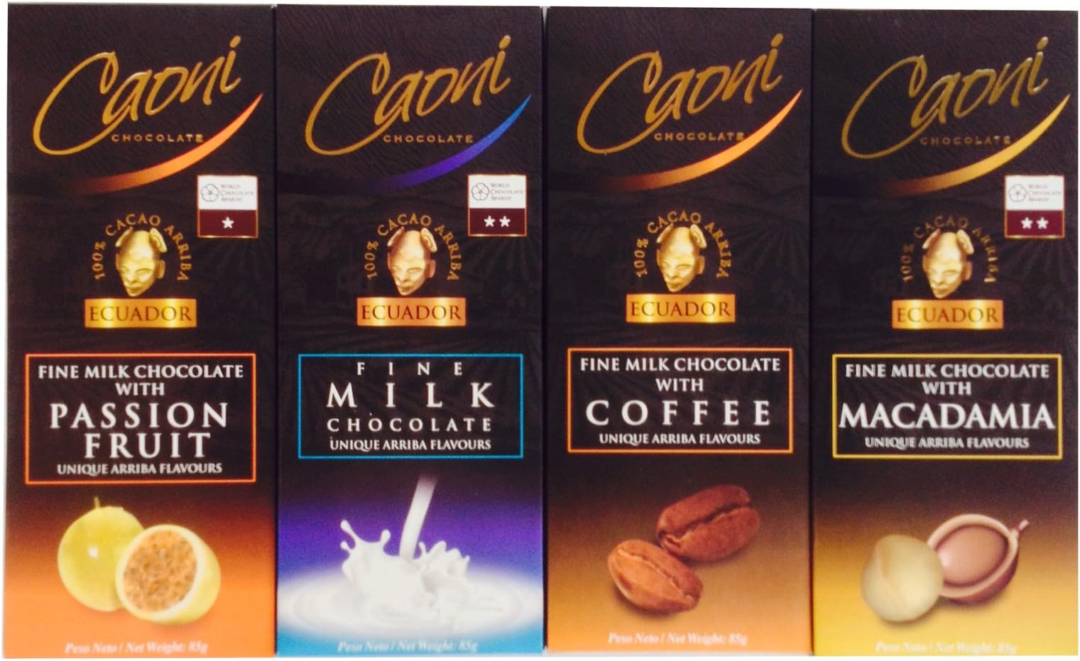 Gourmet Caoni Milk Chocolate Bars From Ecuador, 4 Flavor Variety Gift Assortment (Large - 85 Gram/3 Oz Bars)