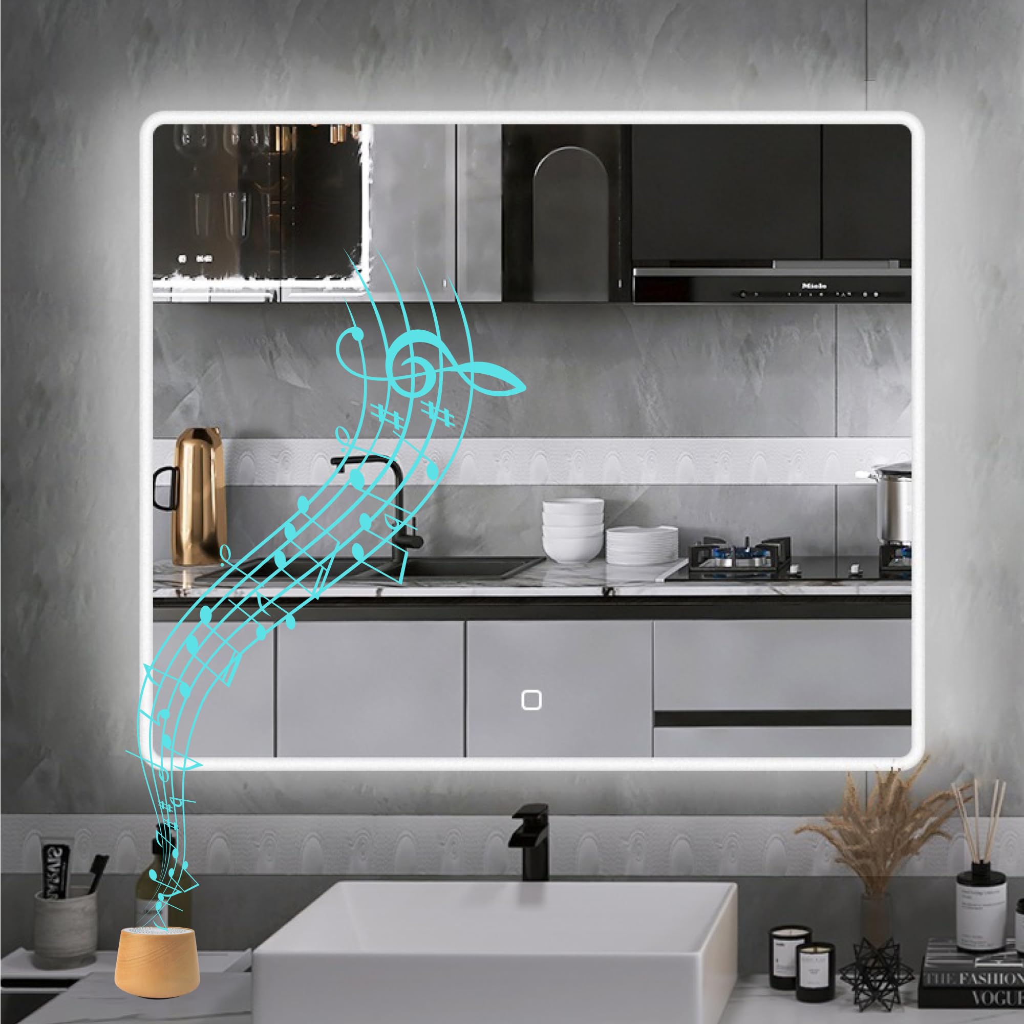 UBUD Espejo de Baño LED con Antivaho Inteligente, 60x70 cm, Regulación de Intensidad, Control Táctil, Altavoz Bluetooth Portátil, Instalación Horizontal y Vertical, Ideal para Maquillaje y Afeitado