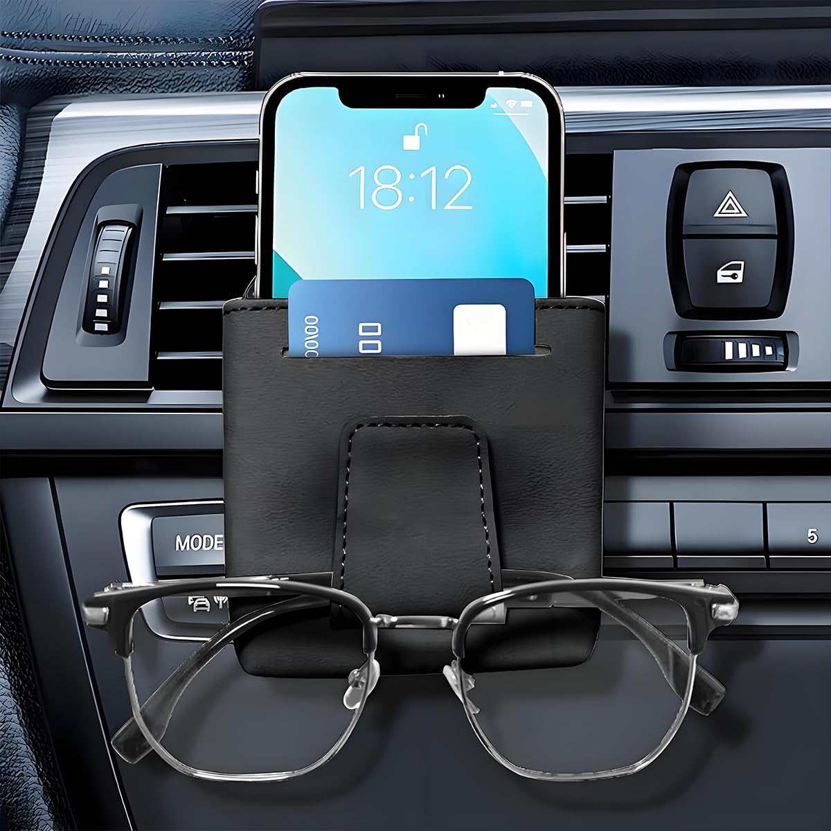 Zpana Car Air Vent Storage Bag, Leather Multifunctional Vehicle Air Outlet Hanging Pouch for Coin Sunglasses Cellphone, Automotive Dash Organizer Pocket, Universal for Sedan, RV, Truck (Black)