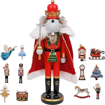 Anwenk Christmas Nutcrackers 12 Inch Mouse King Nutcracker with 12 Pieces Christmas Ornaments for Tree Decor Traditional Wooden Christmas Decorations