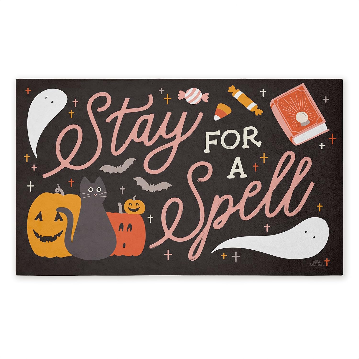 Stupell Industries Stay for Spell Halloween Welcome Outdoor Door Mat, Durable Non-Slip Unwoven Mat with Recycled Rubber Backing, Weather-Resistant Witchy Halloween Design by Laura Marshall, 18"x30"