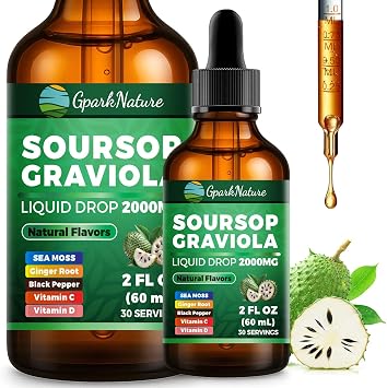 Soursop Drops 2000mg Easy Absorption| Anti-Inflammatory, Promotes Digestion & Boosts Immunity | Soursop Bitters + Sea Moss | Non-GMO, Sugar Free, Gluten Free, Natural Flavors | 2 Fl Oz 60ml