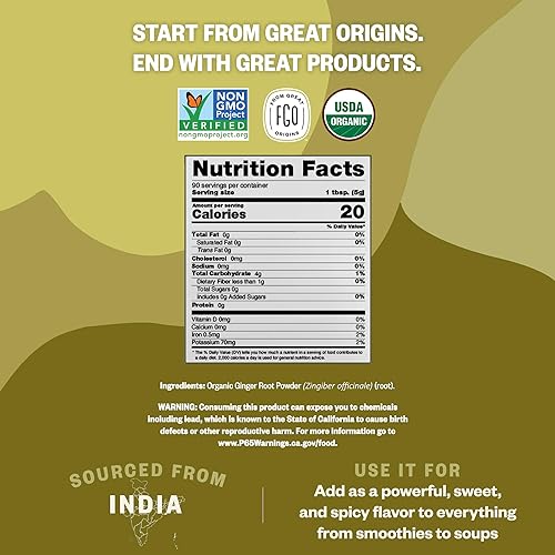 Vista 2 de FGO Organic Ginger Powder, Imported from India, 8oz, Packaging May Vary (Pack of 1)