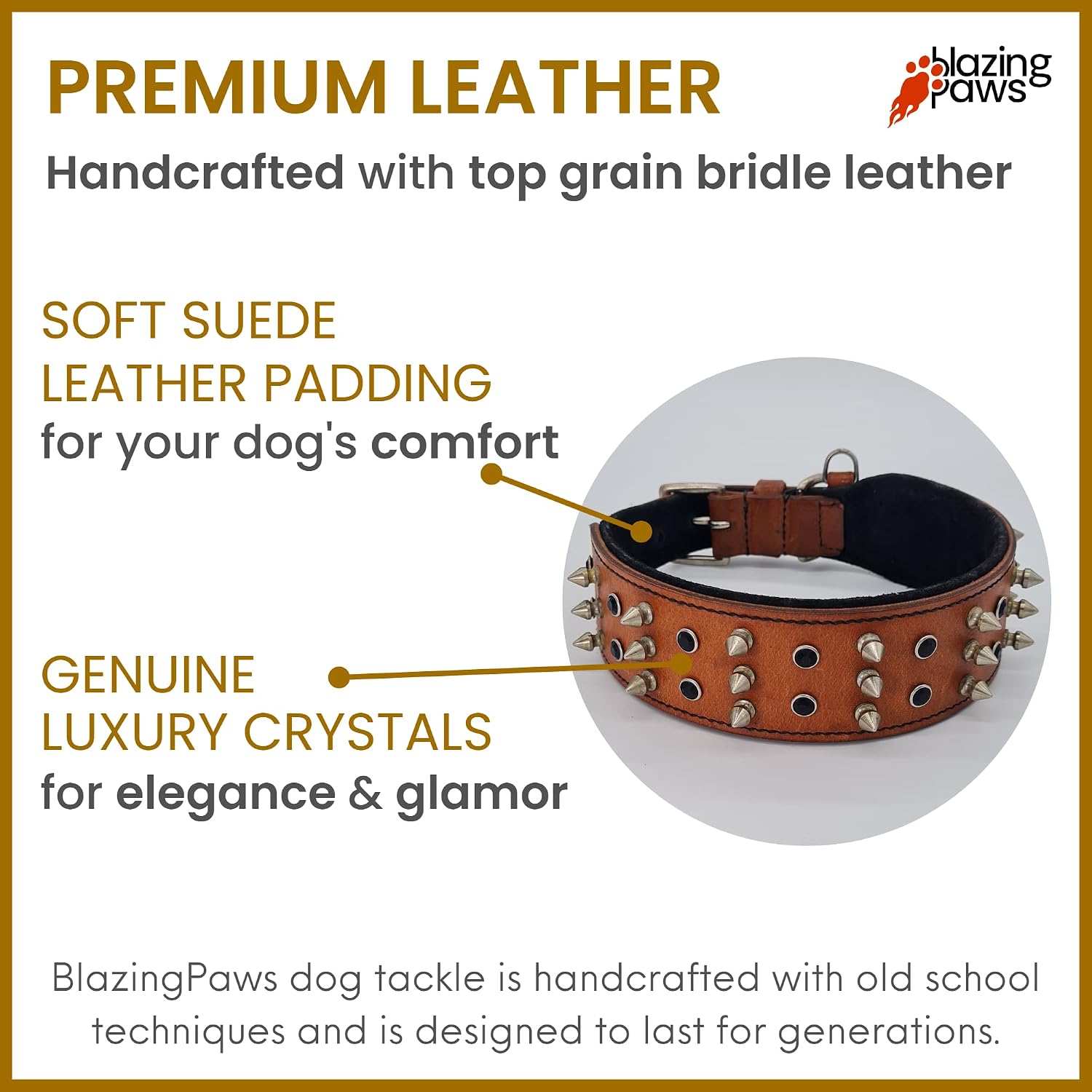 BlazingPaws® Sabrington 2 inch Wide Luxury Spike Leather Dog Collar for Large Dogs with Screw-on Spikes in Premium Tan Bridle Leather and Soft Suede Leather Padding (Neck Size: 15-18 Inches, Tan)