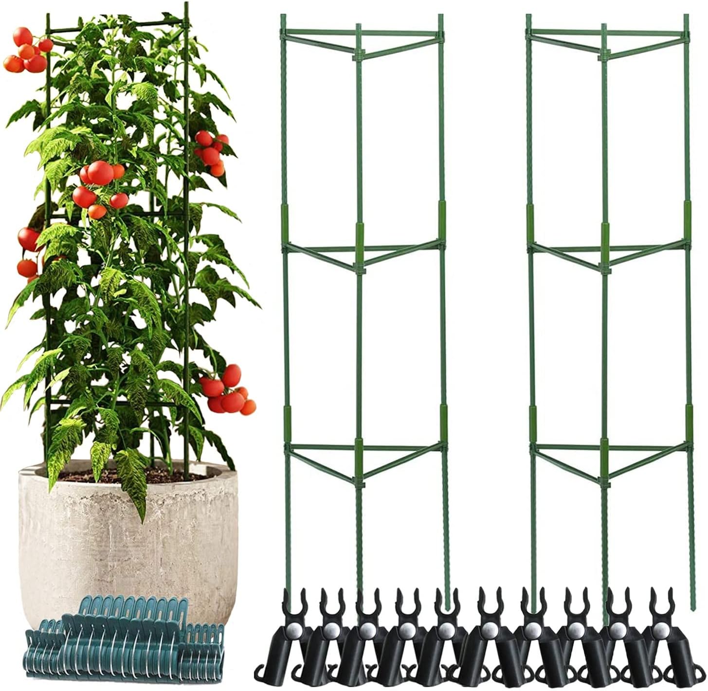 Tomato Cages, Cucumber Plant Support Stakes Trellis for Climbing Potted Plants Indoor Houseplant Outdoor Garden Heavy Duty Support H47.2'' (3 Pack+9 Connecting Rod+20 Clips)