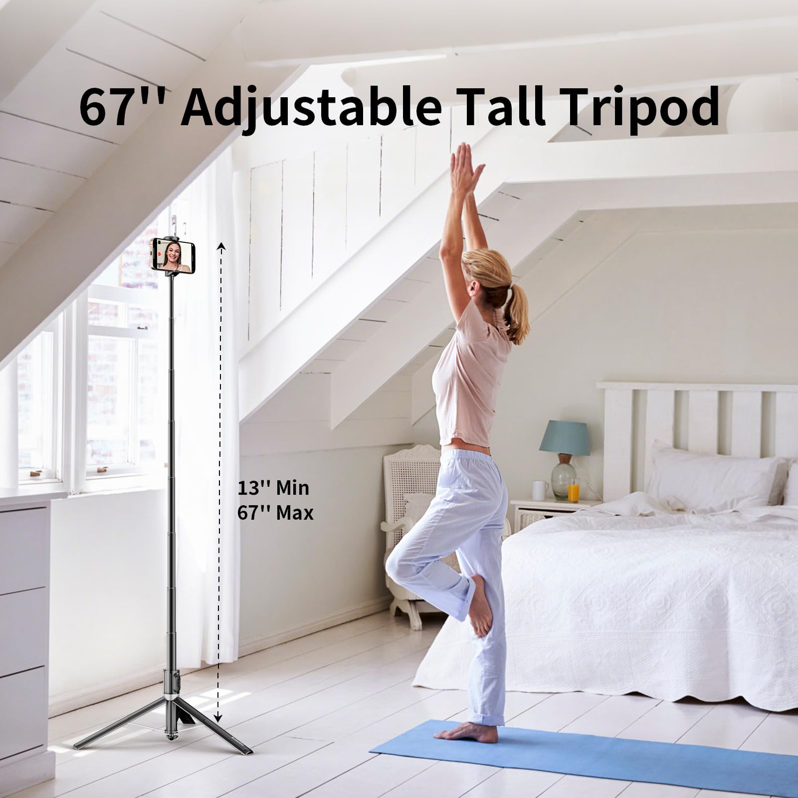 Automatisches Telefonstativ, 170 cm (67 Zoll), automatisches Öffnen, Selfie-Stick für iPhone mit Fernbedienung, um 360° drehbarer, ausziehbarer Telefonständer für Videoaufnahmen, Vlog