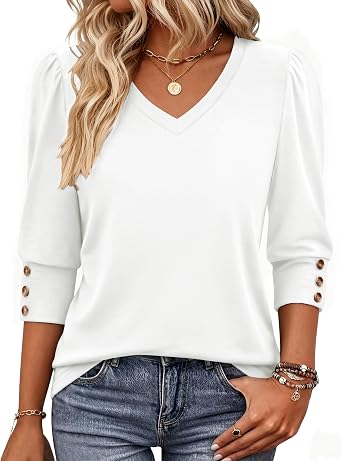Zeagoo Womens White V Neck Tee Long Tunic Top Casual Fall Shirt
