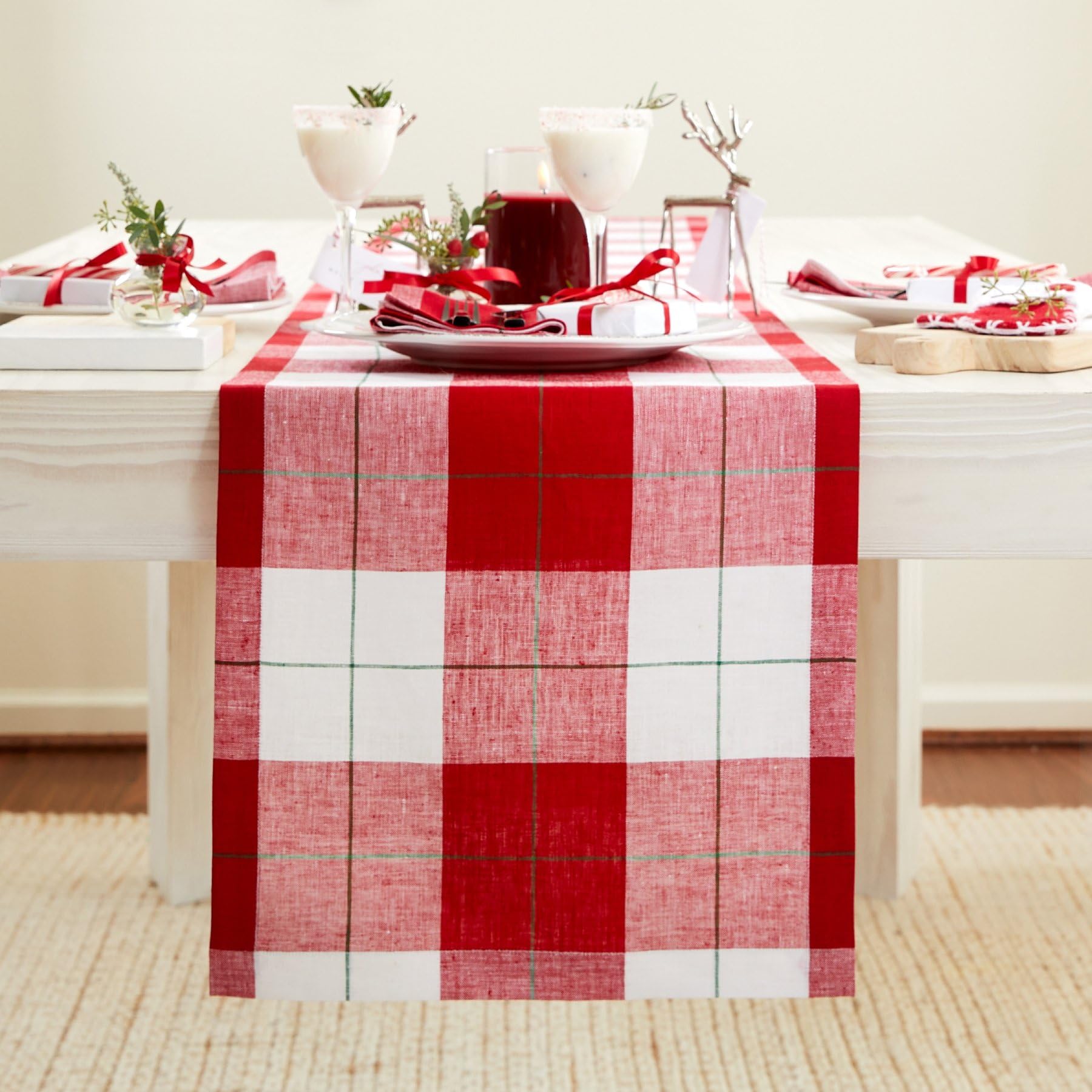 Solino Home Linen Plaid Table Runner 120 Inches Long - 100% Pure Linen Red and White Very Merry Tartan Plaid Table Runner 14 x 120 Inch for Dining