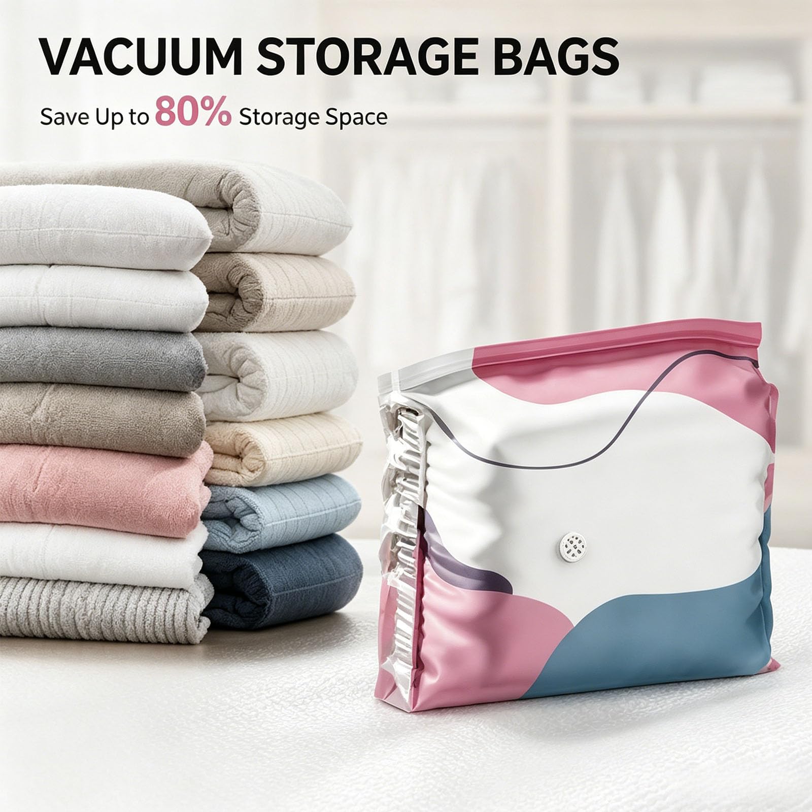 Bolsas de almacenamiento al vacío sin bomba, bolsas de compresión 3D para almacenamiento de ropa, mantas, ropa de cama, organización de viajes (XL x 4)