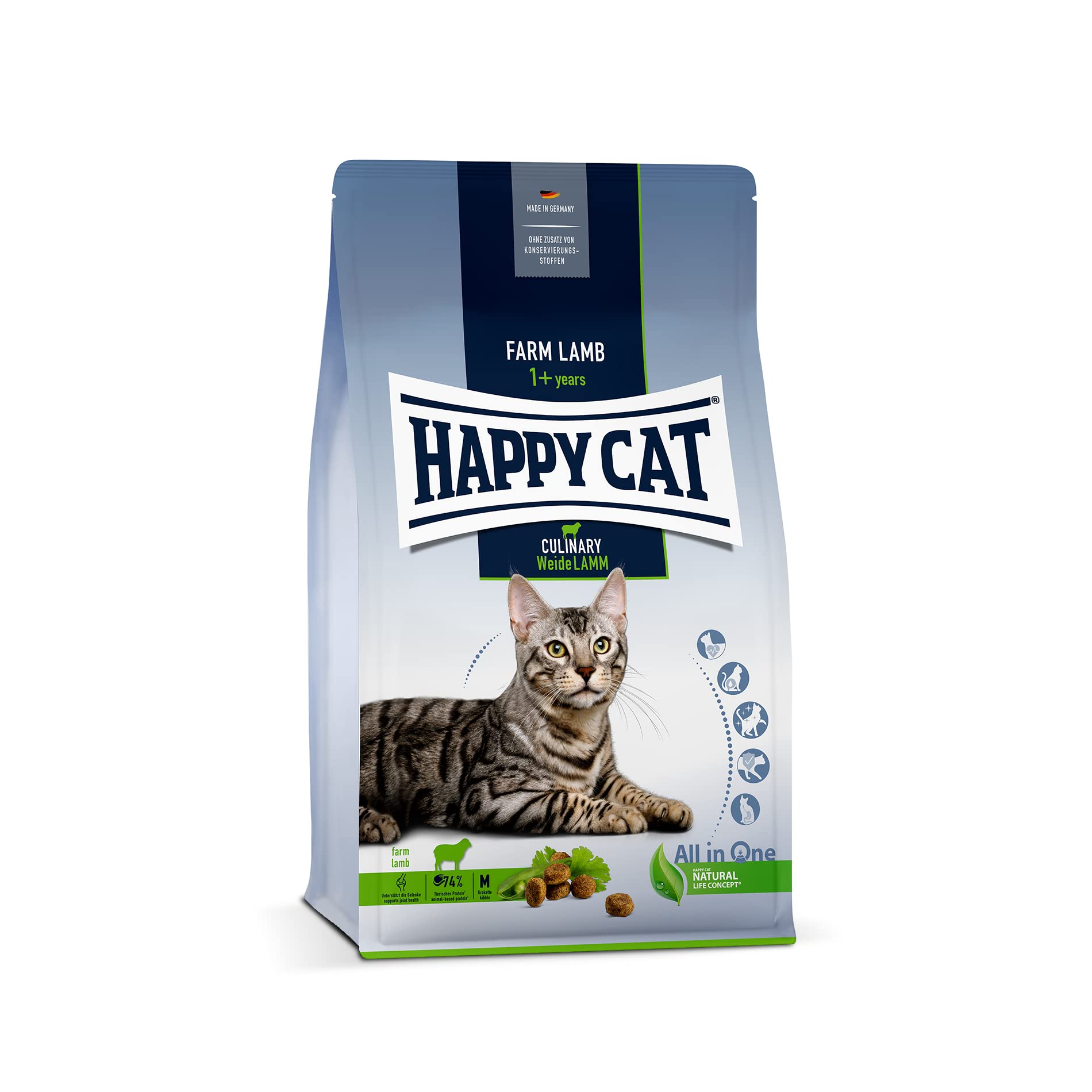Happy Cat 70550 - Culinary Adult Weide Lamm - Katzen-Trockenfutter für ausgewachsene Katzen und Kater - 10 kg Inhalt, arttypisch | Glutenfreies Katzenfutter mit Weide-Lamm, ab 12 Monaten, 74 % tierisches Protein, Krokette M, auch für sensible Katzen