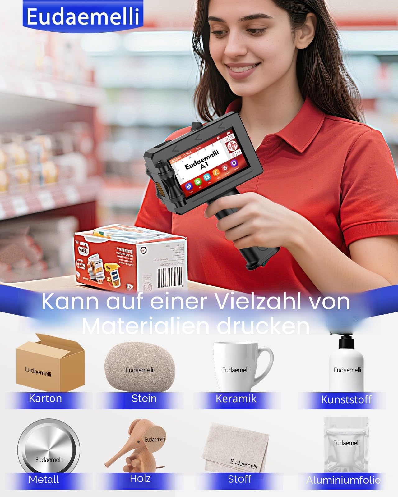 A1 Tragbarer Handdrucker,Hand Tintenstrahldrucker von Texten/Logos/QR-Codes/Strichcodes/Datum, Tintenstrahldruckerpistole Karton/Metall/Kunststoff/Keramik/Holz/Textilien,Druckhöhe: 2-12.7 mm