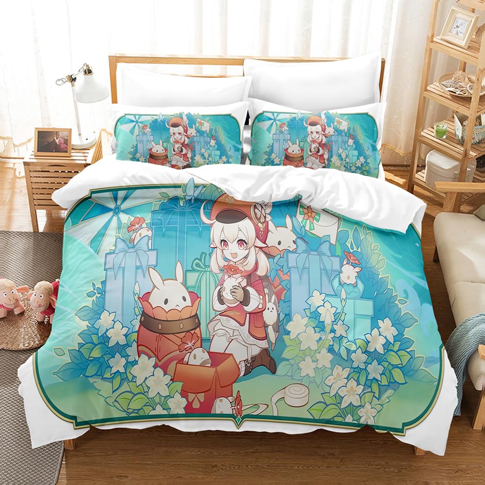 Genshin Impact Bedding Sets - 100% Washed Cotton Duvet Covers Set - Linen Like Textured Breathable Durable Soft Duvet Cover - Luxury Hotel Quality with Zipper Closure (135x200cm(Single),Genshin 03)