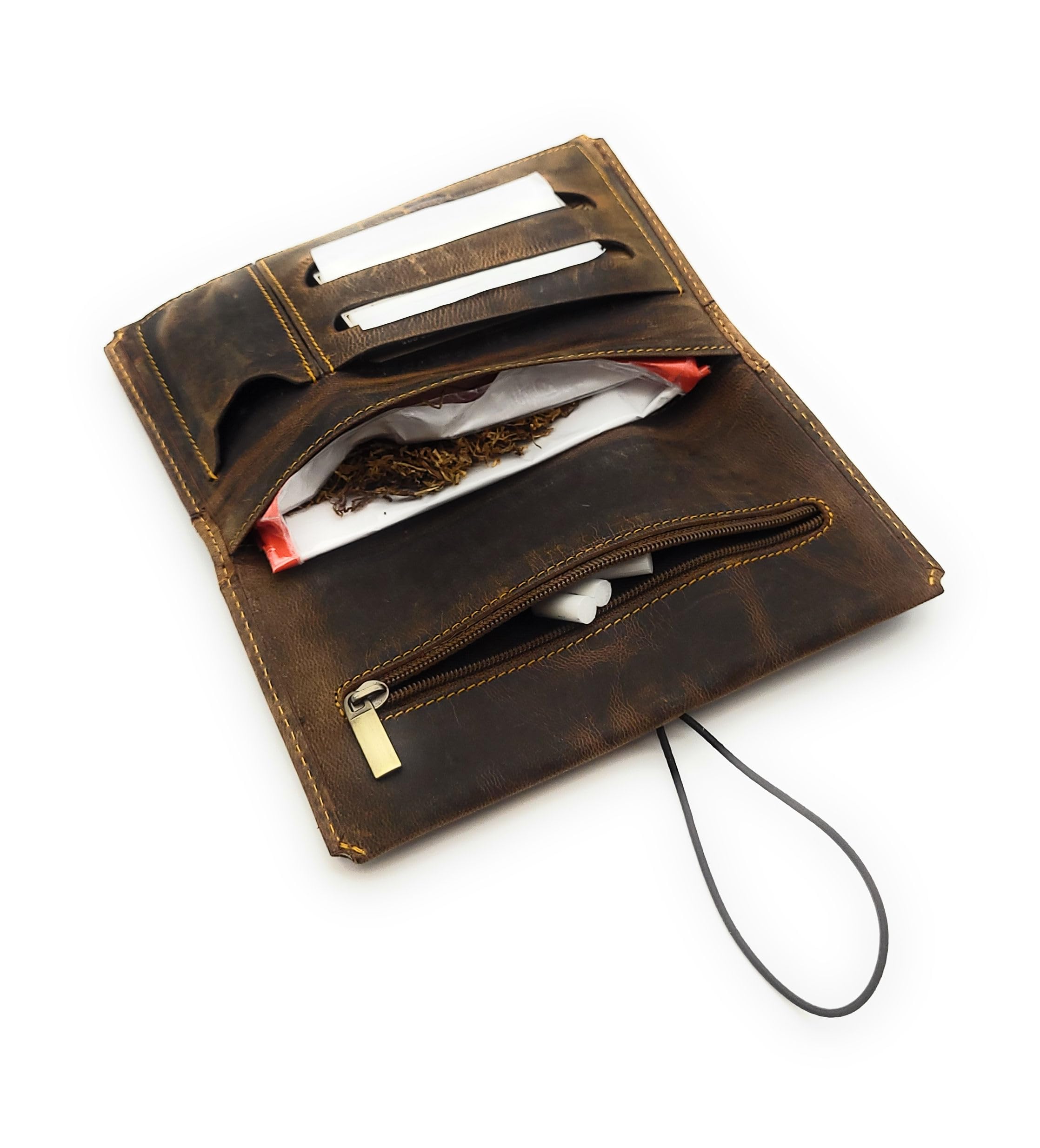 Sacchetti per tabacco in pelle di bufalo, di alta qualità e pratici, scomparti per tabacco da 30 g, foglie, filtri e accendino, chiusura con elastico, compatto e leggero (16 x 9 x 2 cm, 65 g)
