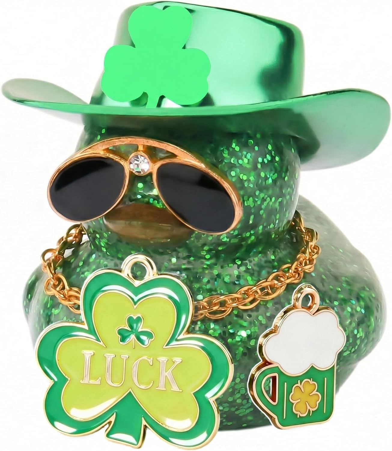 wonuu St. Patrick's Day Rubber Ducks Car Dashboard Decorations, Shamrock Glitter Ducky for Car Ornament Accessories with Shamrock, Laser Cowboy Hat, Necklace, Sunglasses, Beer Mug (Luck Shamrock)