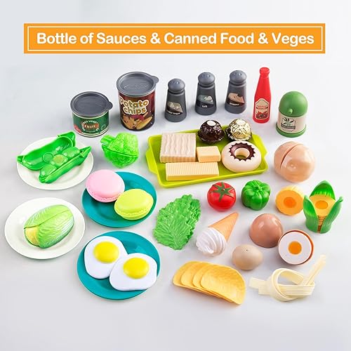 Miniatura 30 de Juego de cocina de 150 piezas, accesorios de cocina para niños pequeños, alimentos, manta de picnic, frutas, verduras, paquete de 2 cestas de Azul