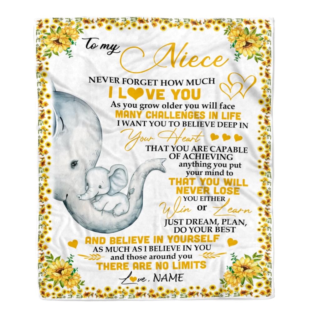CenturyTee Personalized to My Niece I Love You from Aunt Auntie Uncle Sunflower Elephant Niece Birthday Christmas Thanksgiving Graduation Customized Fleece Blanket (50 x 60 in Youth Size)
