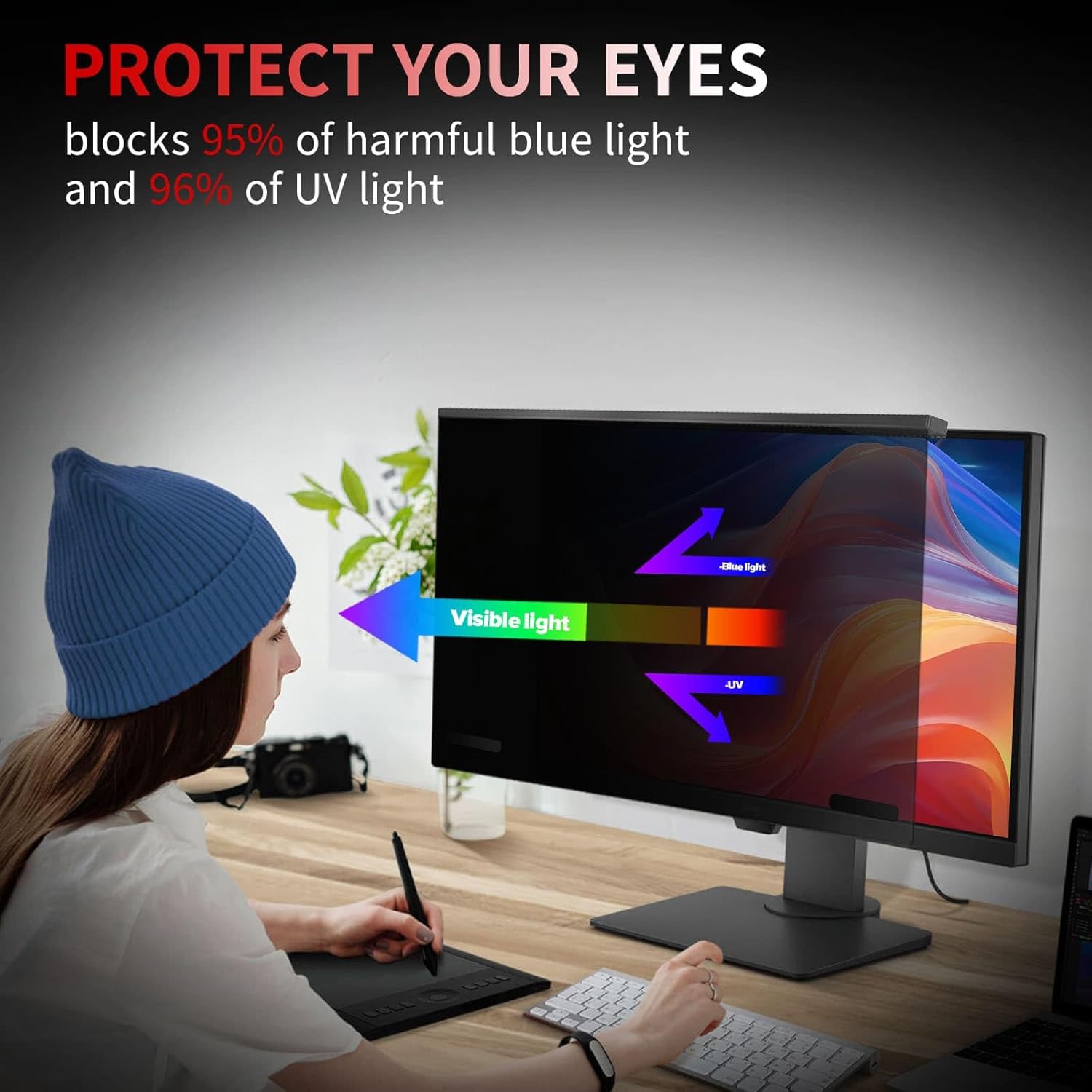 Magnetic 24 Inch Computer Privacy Screen Filter, Aluminum Alloy Hanging Privacy Screen for Computer Monitor for 16:9 Monitor Removable Anti Blue Light Eye Protection