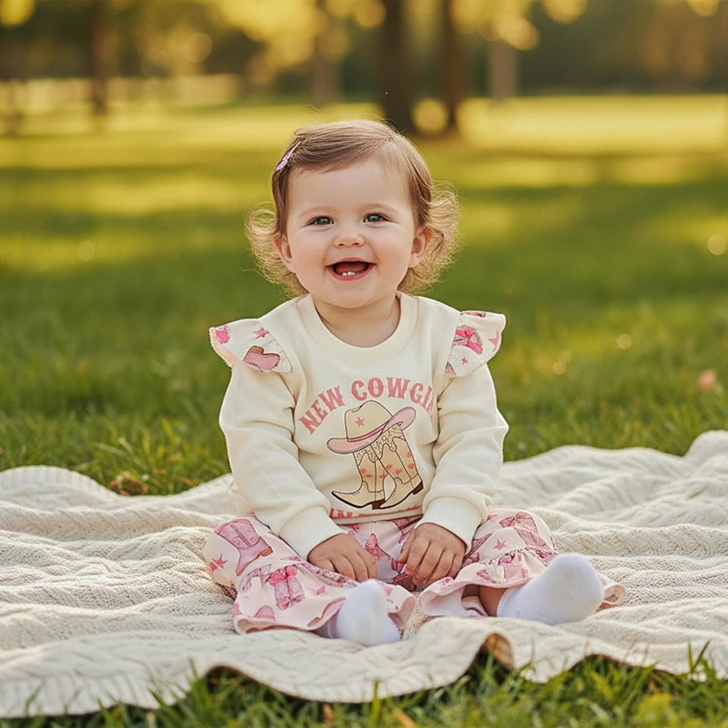 Suolongsama Baby Girl Western Outfit Long Ruffle Sleeve Pullover Sweatshirt Flared Pants Sets Letter Print Winter Clothes - Image 3