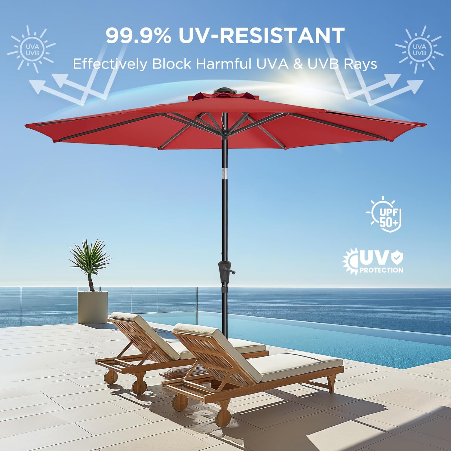homshade outdoor patio umbrella - market table pool deck umbrella with push button tilt, crank, upf50+ uv protection and sturdy ribs, 3-year fade resistance, 220gsm solution-dyed fabric (no base) red 9ft