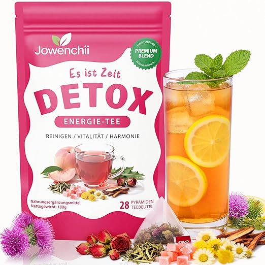 Detox Tee zum Abnehmen & Leberentgiftung – 28 Tage Kräutertee mit Mariendistel, Löwenzahn, Ginseng, Ingwer – Unterstützt Verdauung, Blähungen, Stoffwechsel & Wohlbefinden in den Wechseljahren