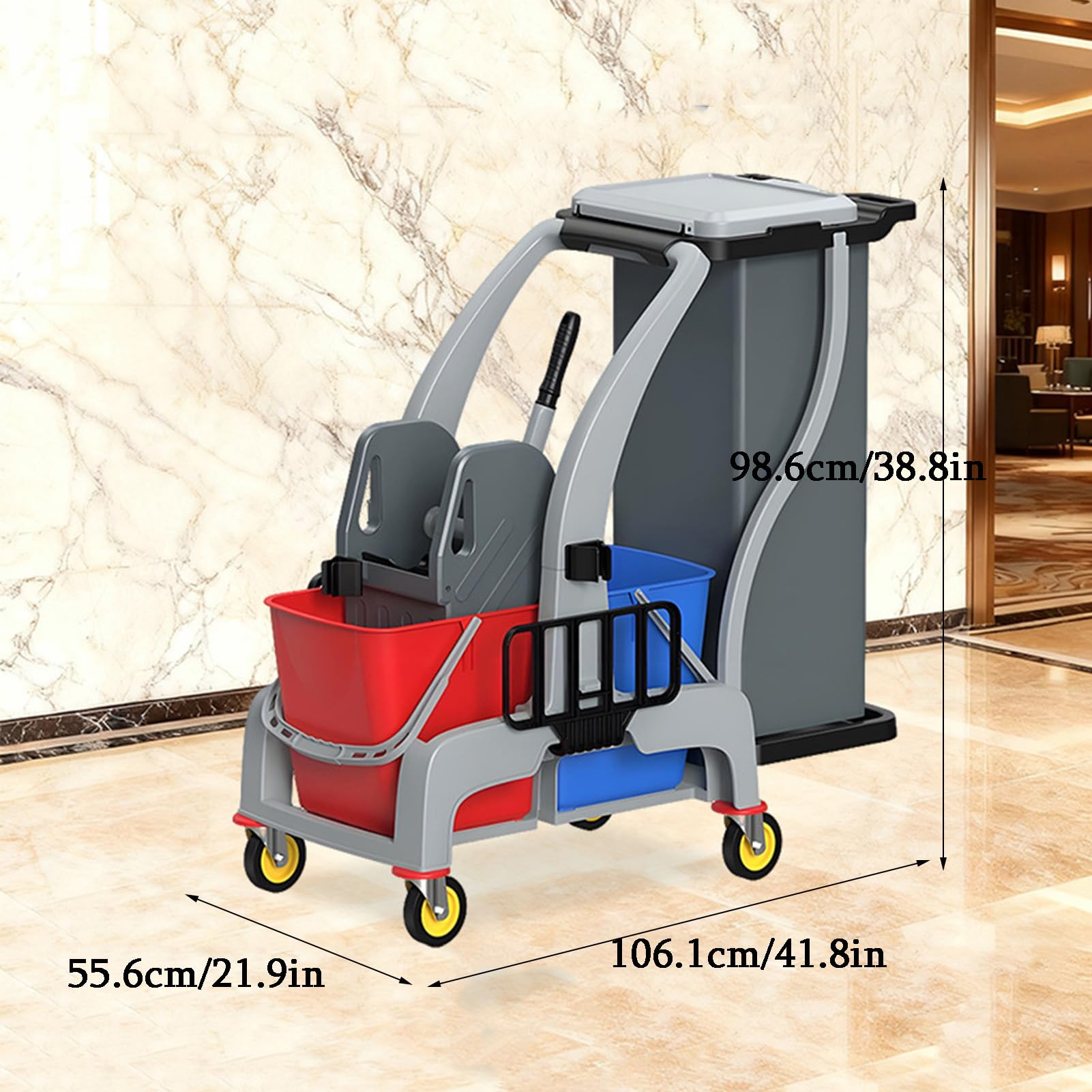 Carrito de limpieza con ruedas, carrito multifuncional con escurridor, soporte de plástico grueso para restaurantes, centros comerciales, hospitales, 106,1 x 88,5 x 98,6 cm