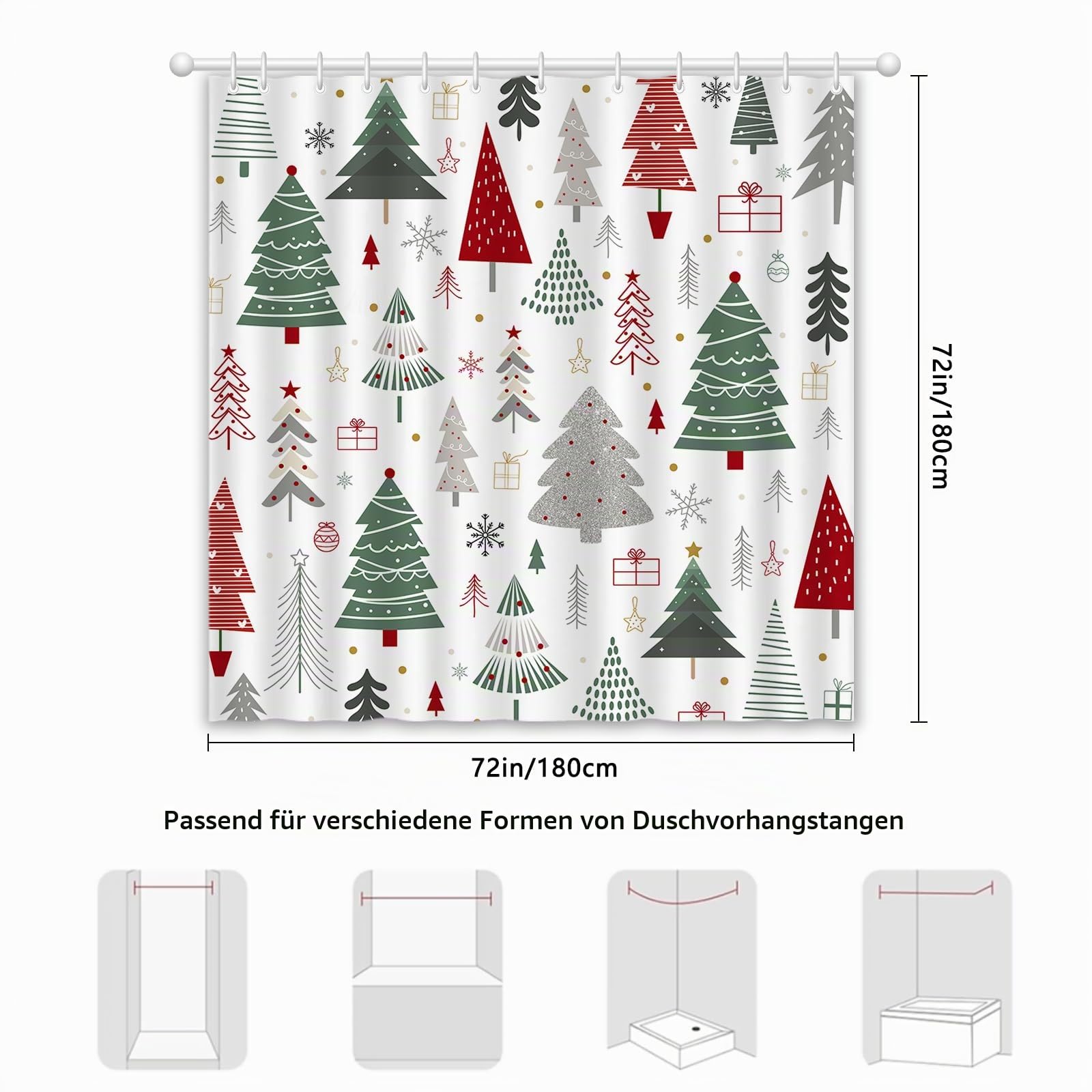 APROPHIC Weihnachtsduschvorhänge, Farbige Weihnachtsbaum Duschvorhänge mit 12 Haken, Wasserdicht, Langlebig, 180x180 cm