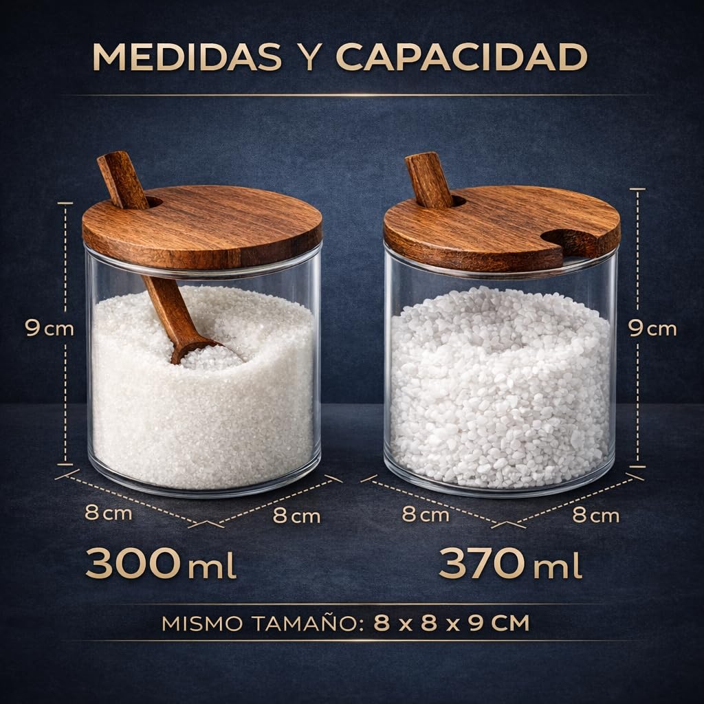 TIENDA EURASIA – Set Salero y Azucarero de Vidrio con Tapa y Cuchara de Madera | Recipientes para Especias y Azúcar | Diseño Transparente | Cocina y Mesa