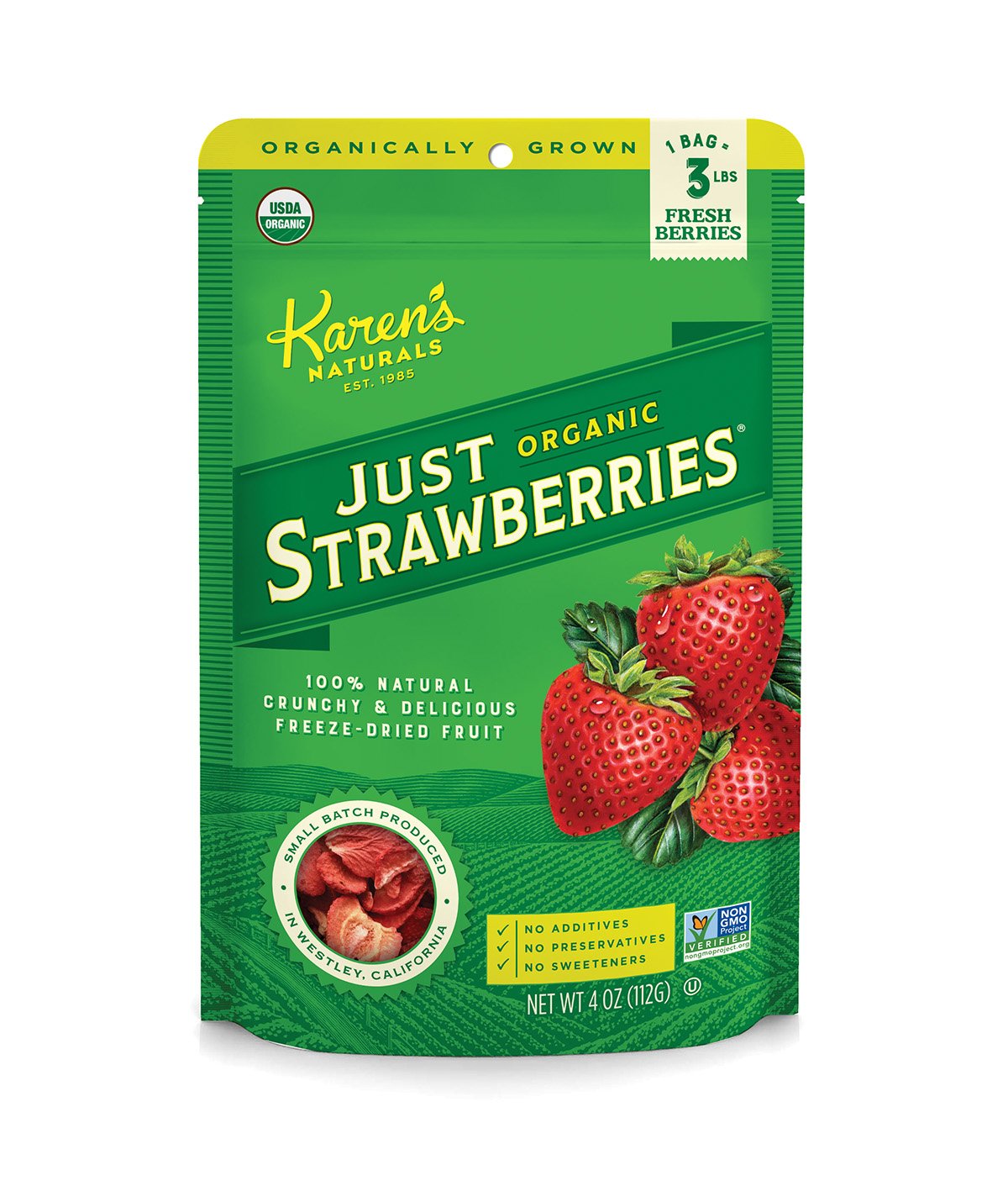 Karen’s Naturals Organic Freeze Dried Strawberries, 4 oz, No Sugar Added, Organic Fruit Snack, Non-GMO, Vegan, Gluten Free, Crunchy Strawberries