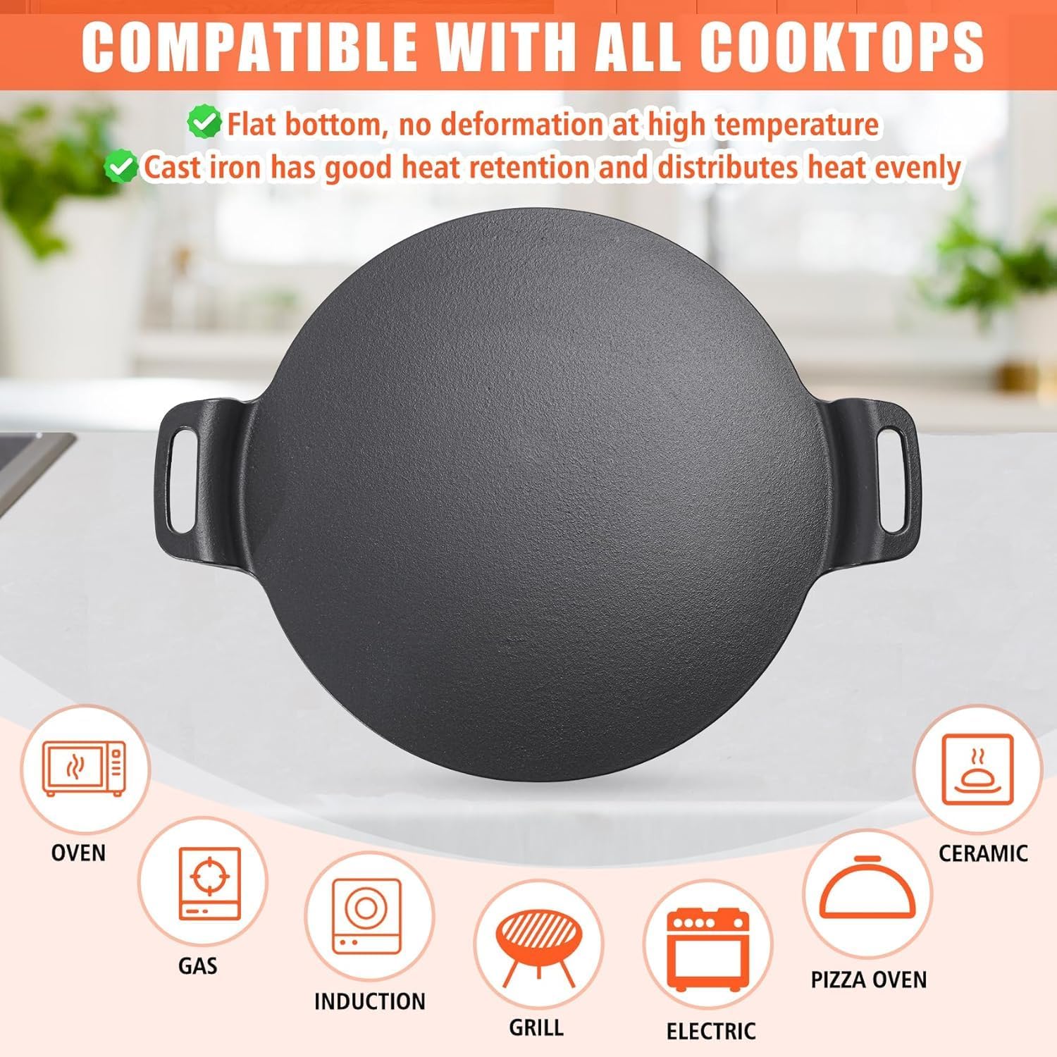 KEESHA 15 Inch Large Cast Iron Pizza Pan | Premium Tawa Dosa Pan Crepe Pan with Double Loop Handle