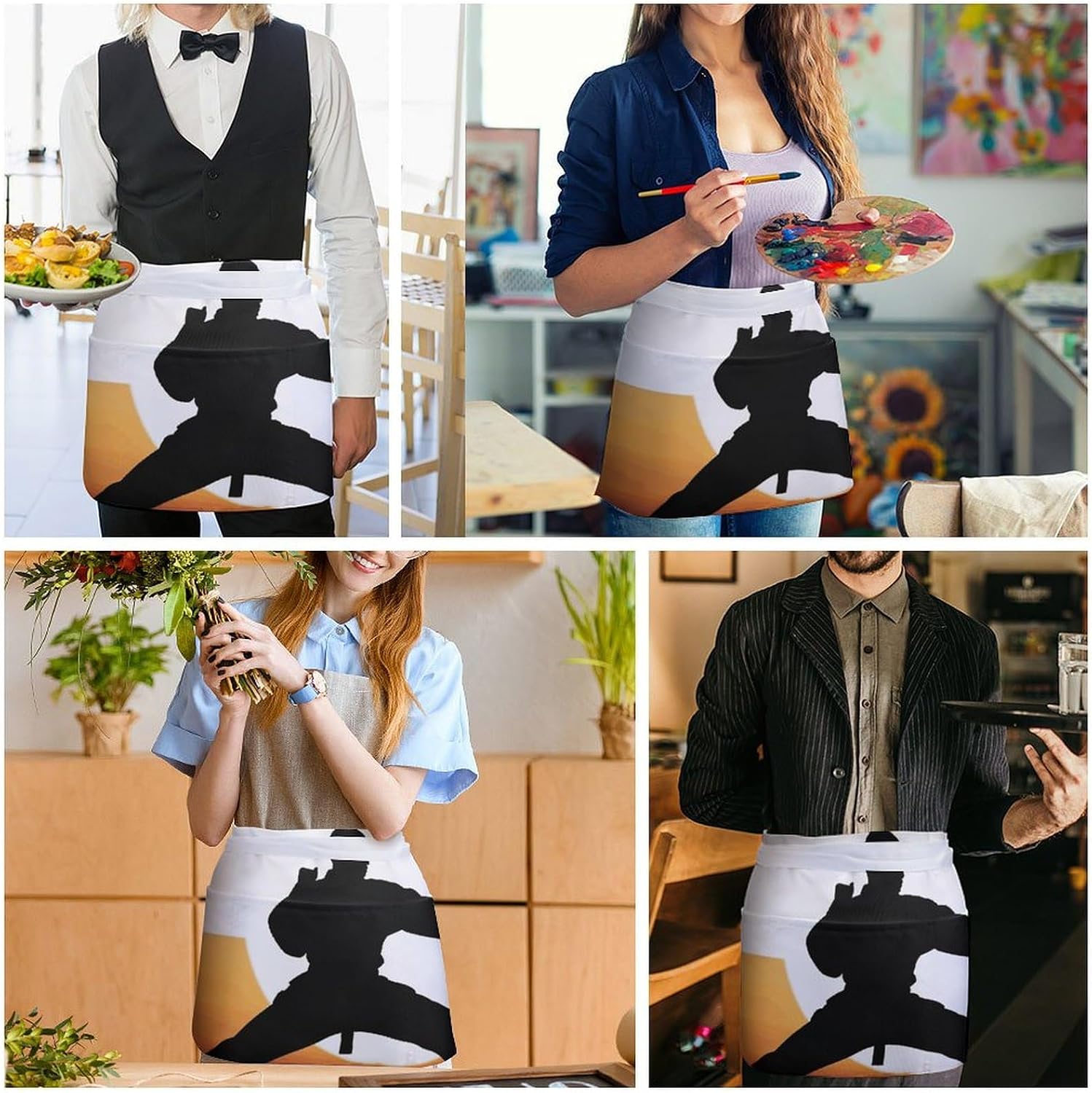 Karate Silhouette Server Apron With 3 Pockets Water Resistant Waist Apron Half Apron For Waiter Bartender Barista Restaurant And Kitchen